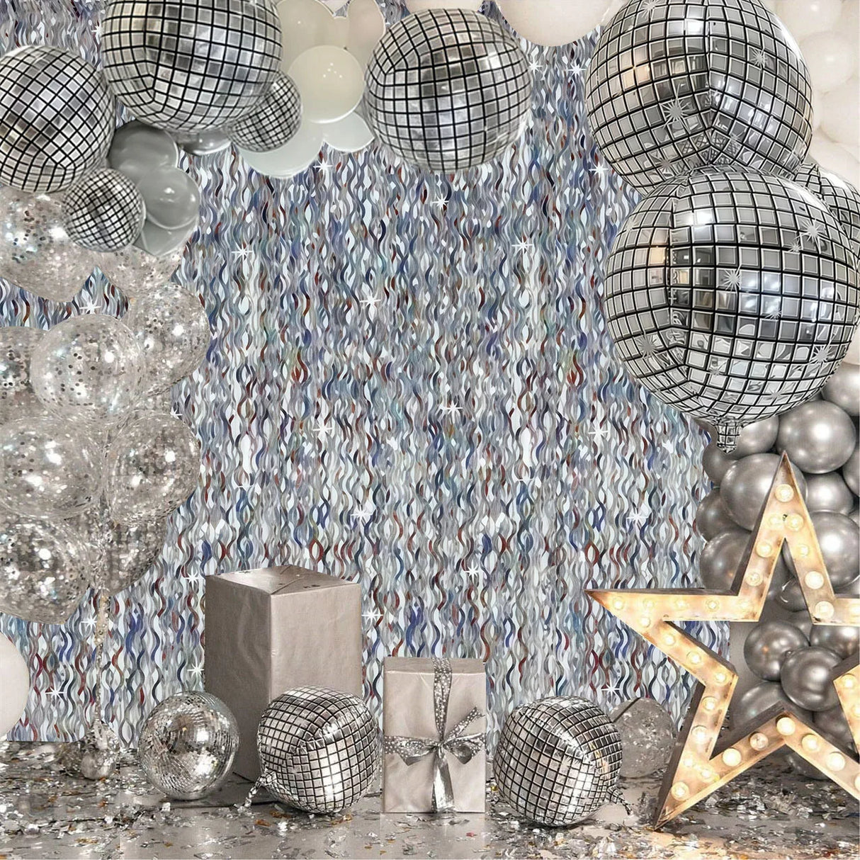 パーティー・インテリア装飾 キラキラ!カーテン+ミラーボールセット シルバー