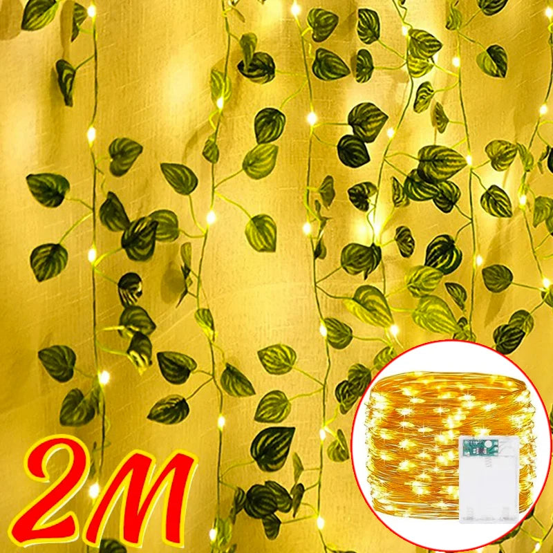 人工植物・グリーンアイビーリーフ・フェアリーライトガーランド・シルク製