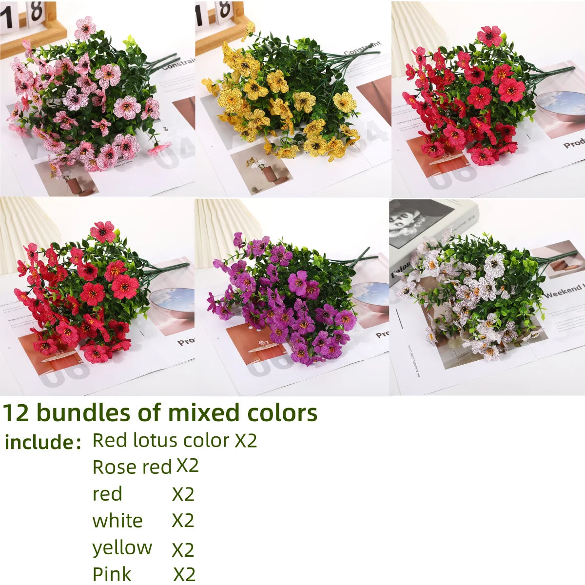 パーティー・インテリア装飾|UV耐性ミックスカラー人工デイジー(12束)