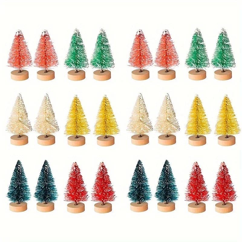ミニ人工クリスマスツリー・12個パック・木製ベース付き・DIYクラフトやホリデーホームデコレーションに最適な卓上ボトルブラシツリー