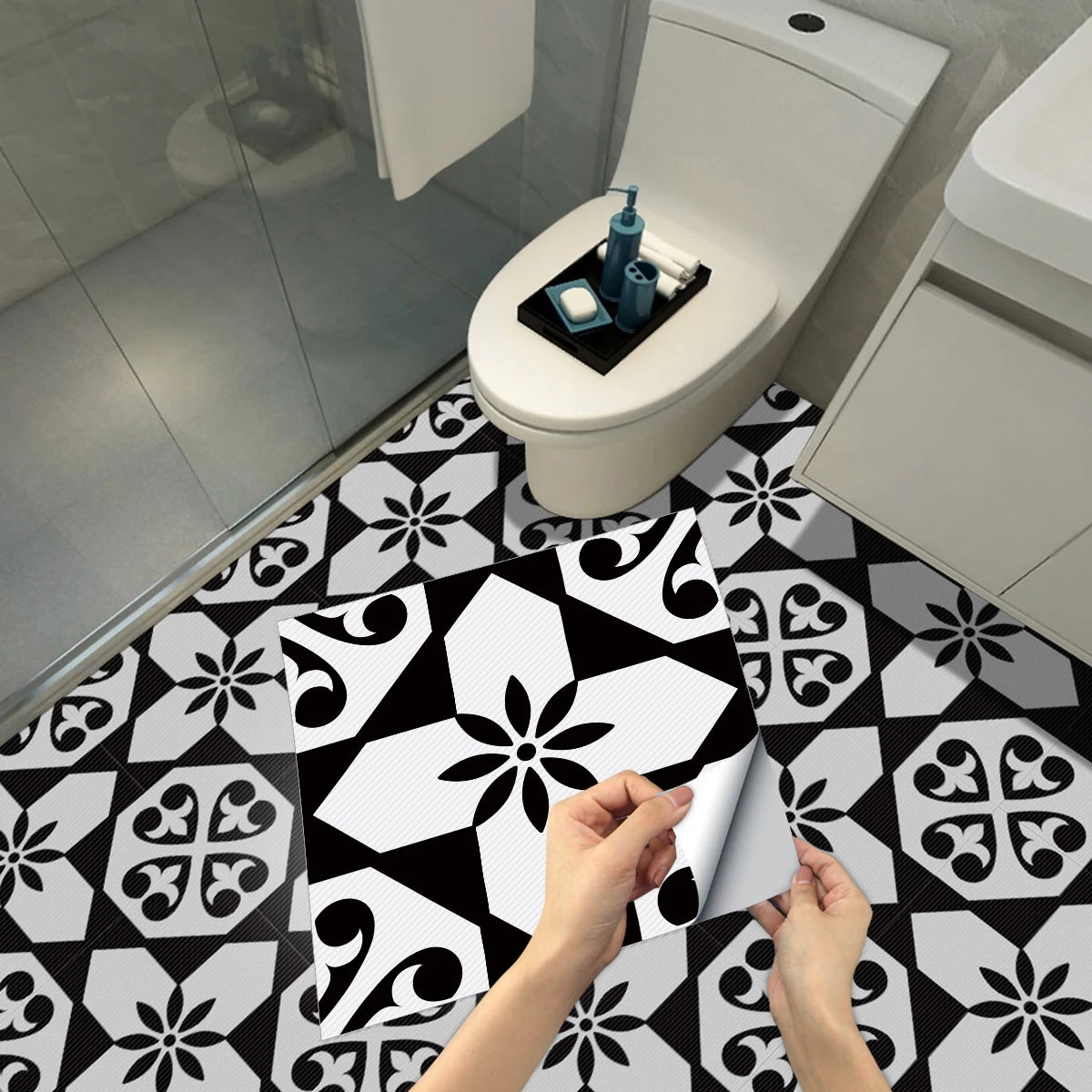 DIYフロアシート モノトーンタイル風 ステッカー 4枚入 モダン