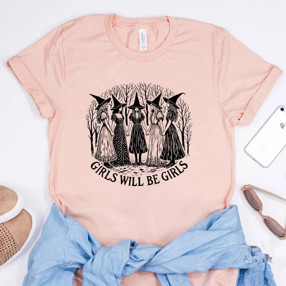 イベント・ハロウィングッズ|レディース ハロウィンヴィンテージ魔女柄 Tシャツ(S~3XL)