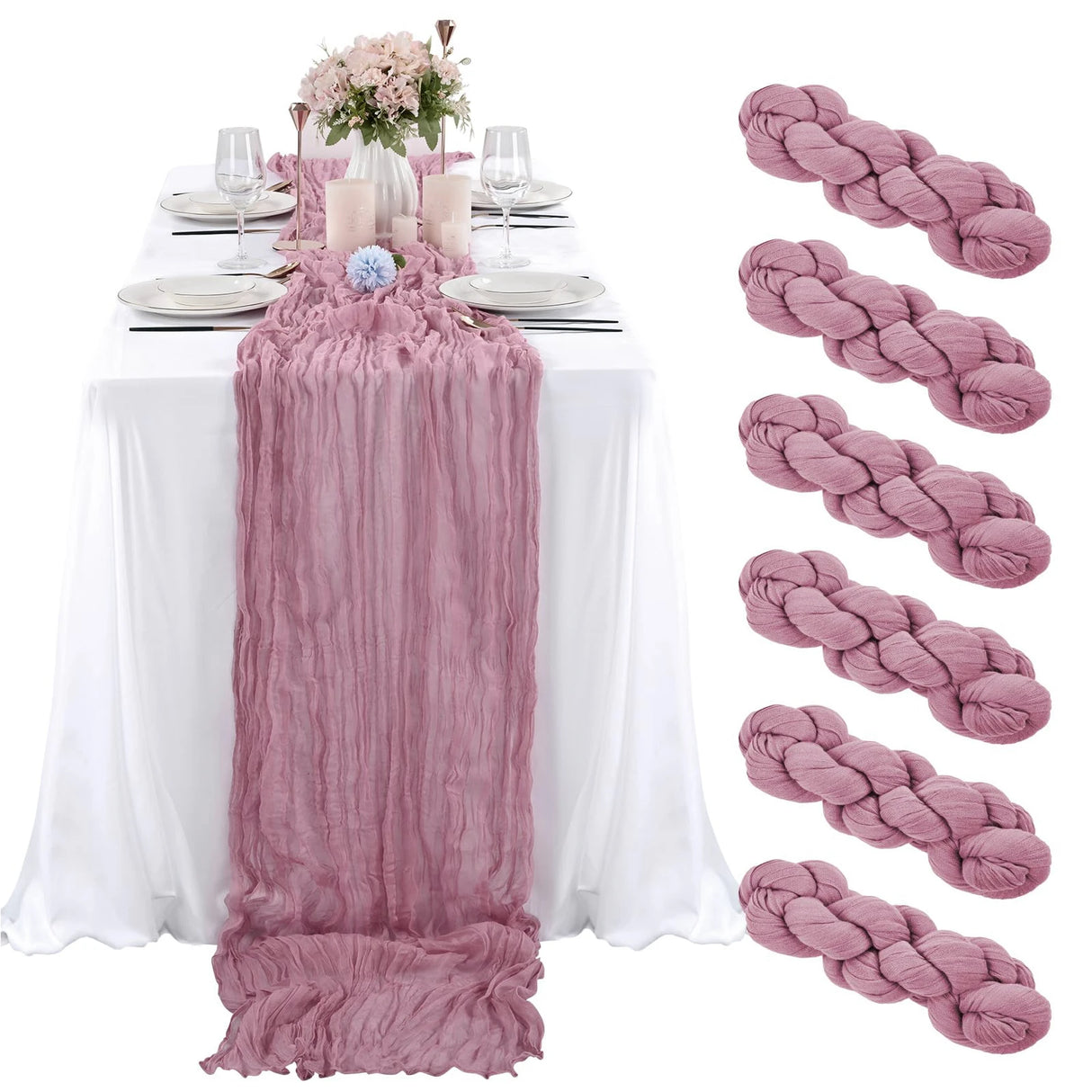 インテリア・パーティ装飾 | ワッシャー加工テーブルランナー6枚セット | 全長1.8m/3.4m/4m