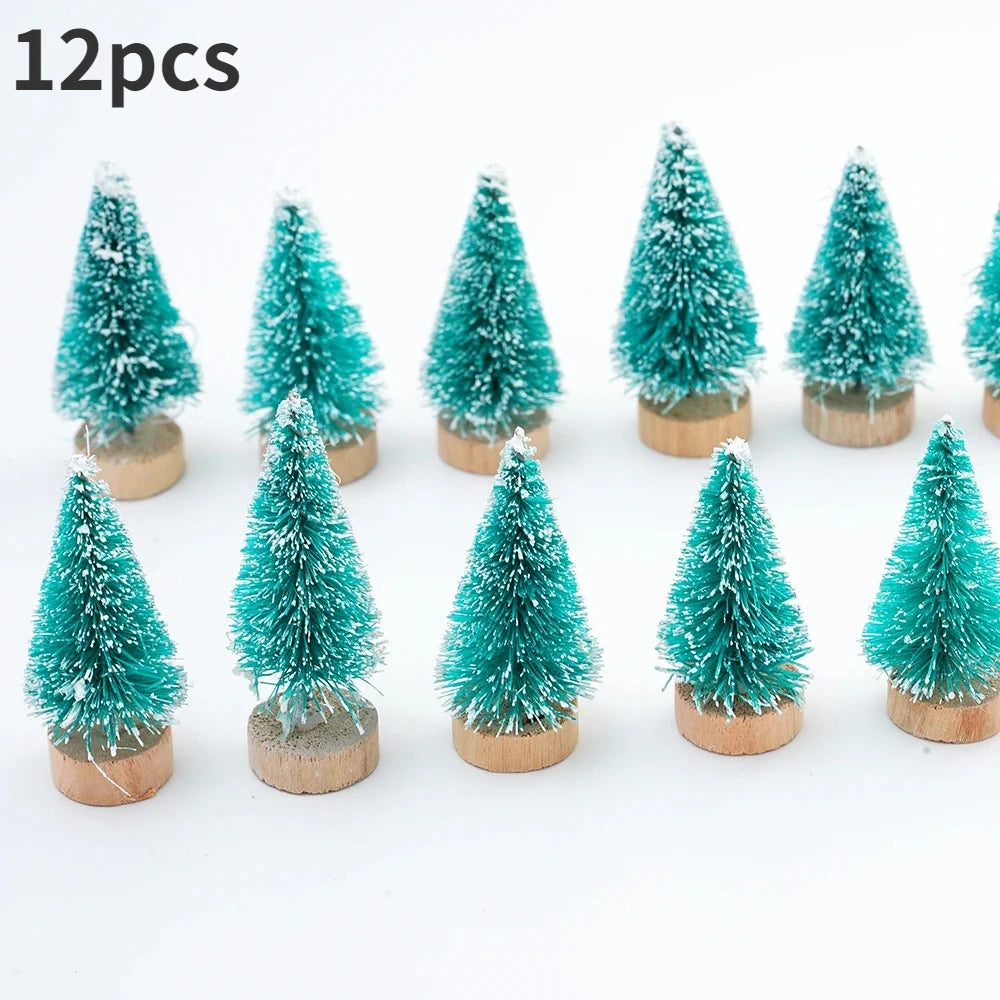 ミニ人工クリスマスツリー・12個パック・木製ベース付き・DIYクラフトやホリデーホームデコレーションに最適な卓上ボトルブラシツリー