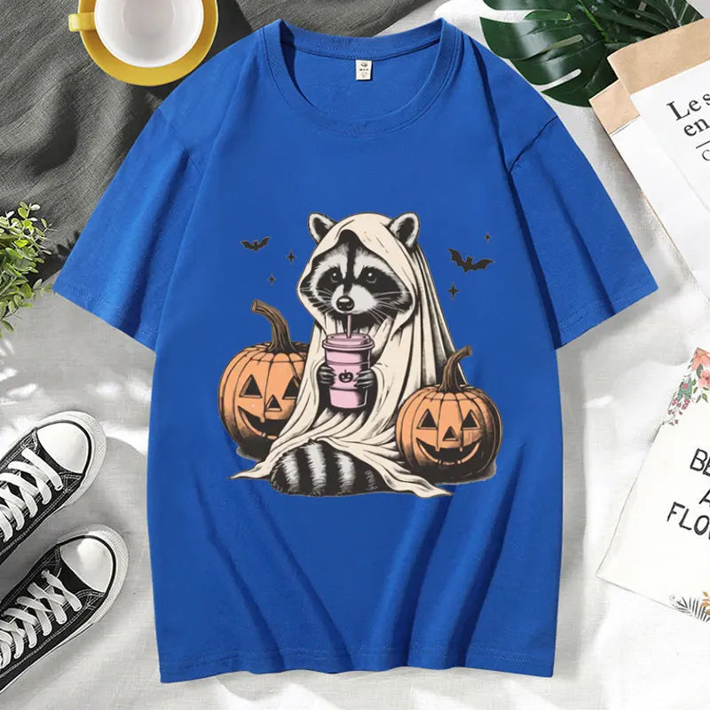 イベント・ハロウィングッズ| メンズ アライグマゴースト柄Tシャツ(XS~3XL)