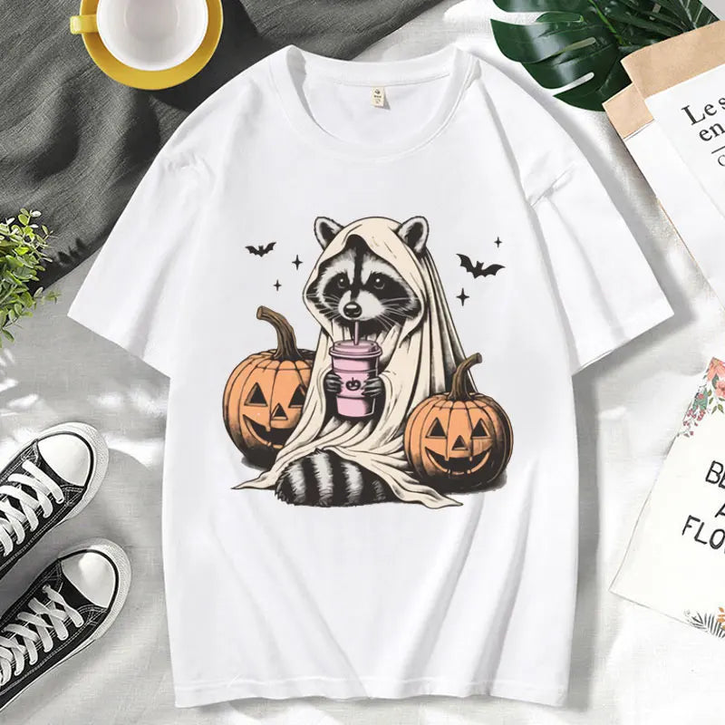 イベント・ハロウィングッズ| メンズ アライグマゴースト柄Tシャツ(XS~3XL)