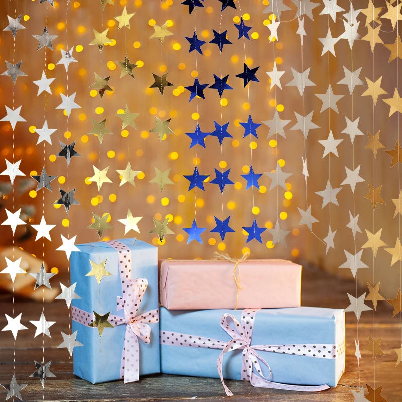 イベント・クリスマス装飾|カラフル星型バナー ゴールドシルバーガーランド