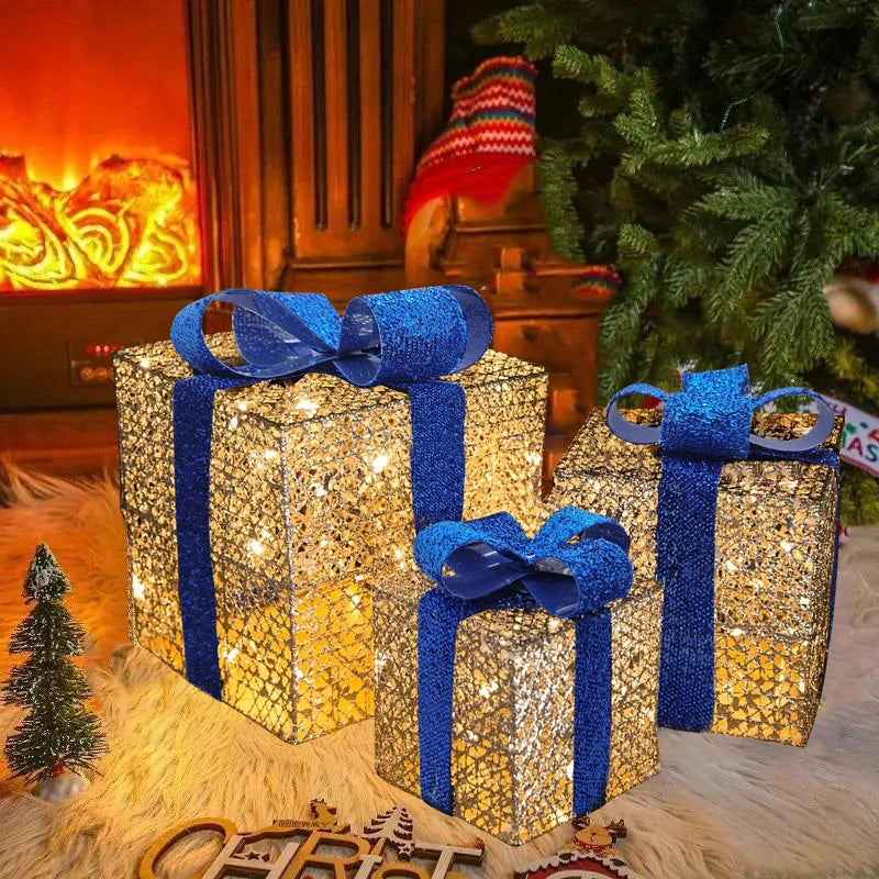 モチーフライト|イベント・クリスマス装飾|LEDリボン付きクリスマスギフトボックス(3個セット)