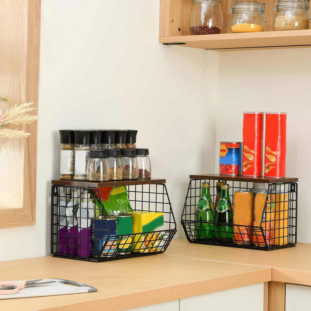 木製蓋付きワイヤーバスケット収納