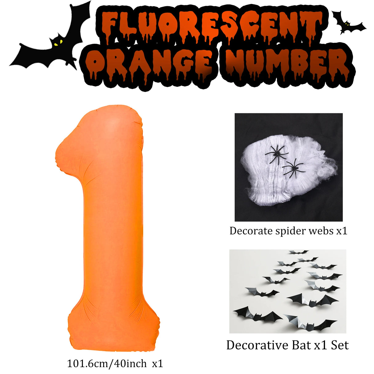 イベント・パーティー装飾|蛍光色数字型バルーン&コウモリ&クモの巣セット(3個)