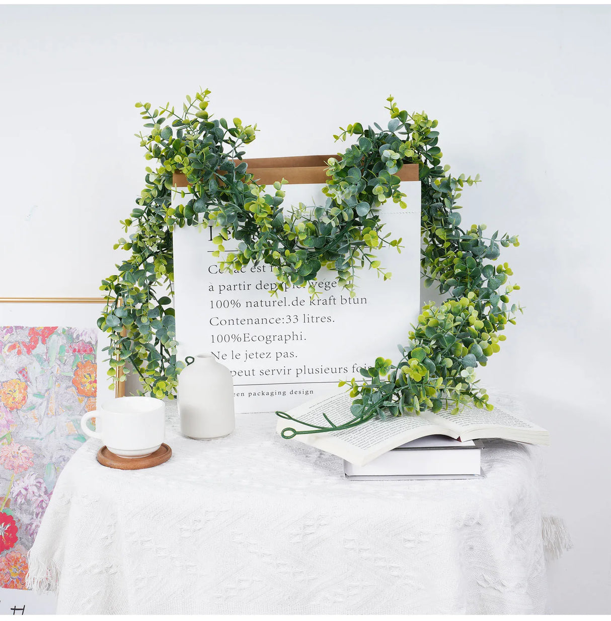 フェイクユーカリラタン人工植物つるグリーン柳の葉シルクアイビー壁掛けガーランドホームウェディングパーティー装飾