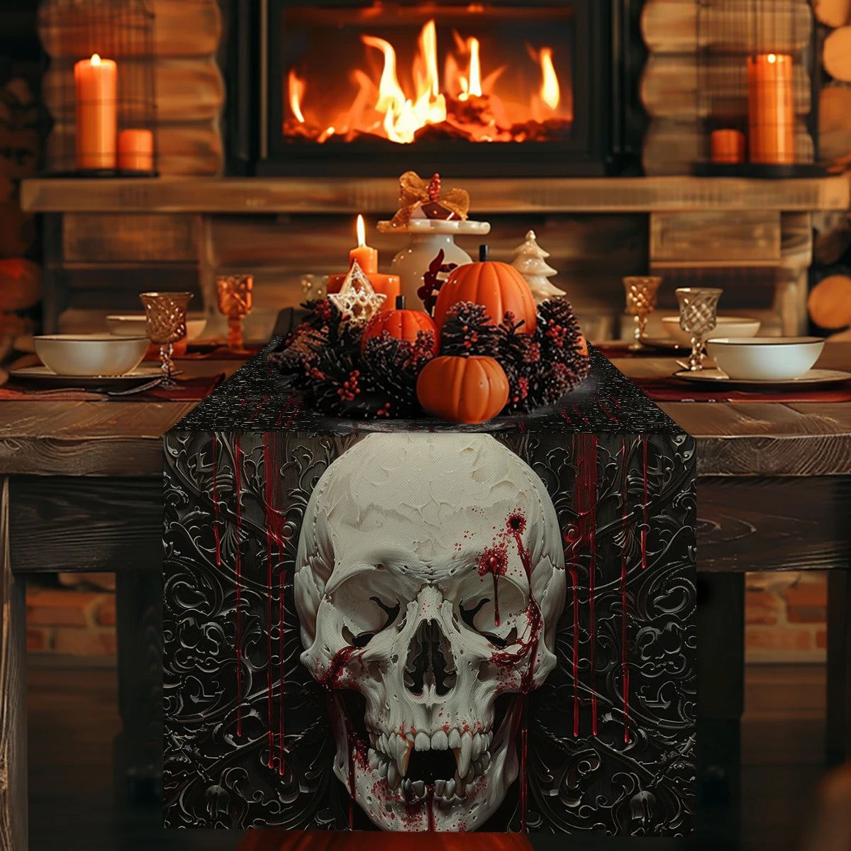 イベント・ハロウィングッズ|スカル柄 テーブルランナー 装飾