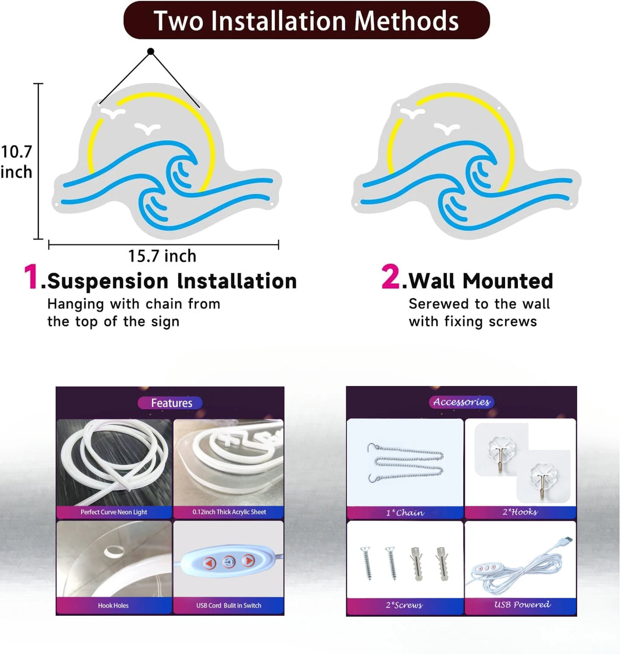 太陽と波モチーフ LEDネオンサイン(ネオン看板) 調光可能