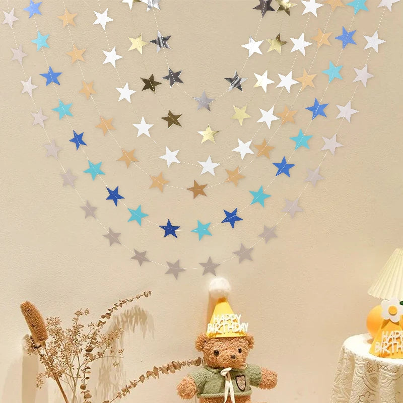 イベント・クリスマス装飾|カラフル星型バナー ゴールドシルバーガーランド