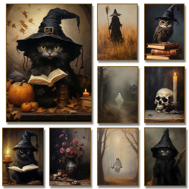 イベント・ハロウィングッズ|黒猫とフクロウのキャンバスアート