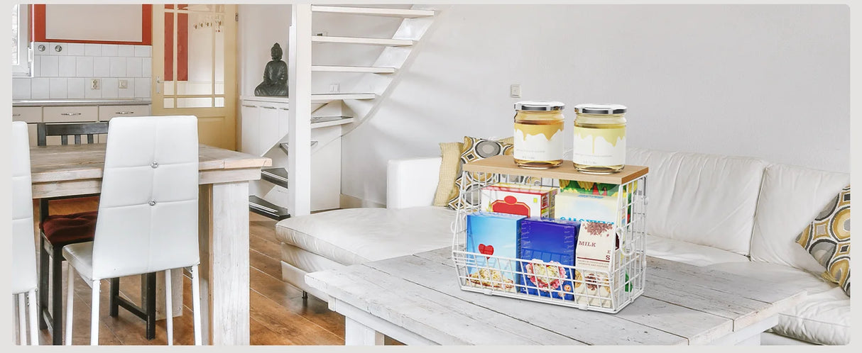 木製蓋付きワイヤーバスケット収納