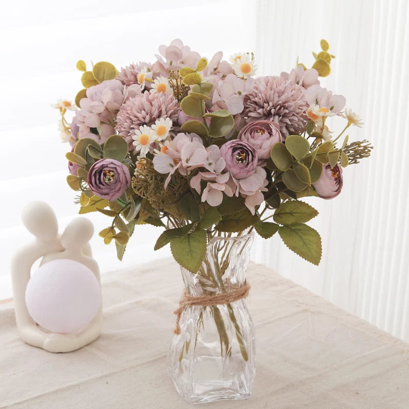 パーティー・インテリア装飾|シルク造花ローズ・ひまわり・アジサイセット(長さ約30㎝)