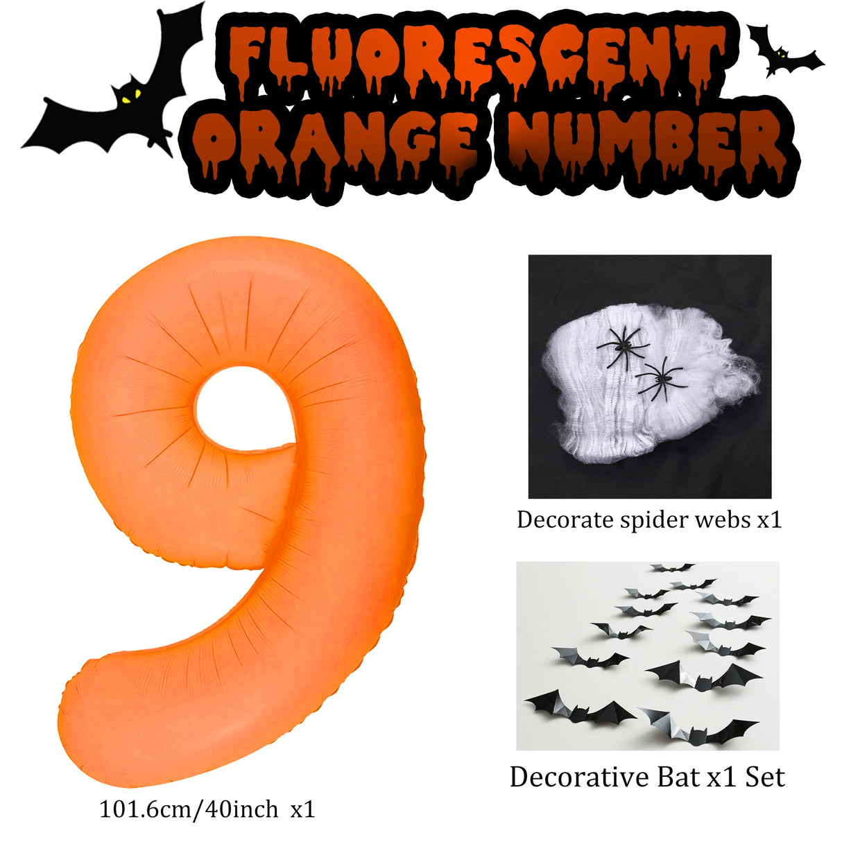イベント・パーティー装飾|蛍光色数字型バルーン&コウモリ&クモの巣セット(3個)