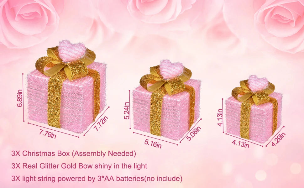 モチーフライト|イベント・クリスマス装飾|ピンクハート型 ライト付ギフトボックス