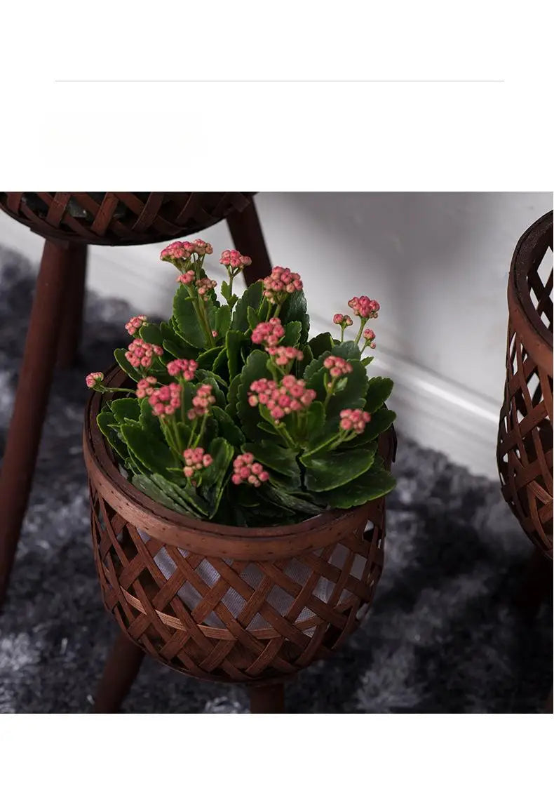 籐製植木鉢・手作り木製・ハイフット・フラワースタンド