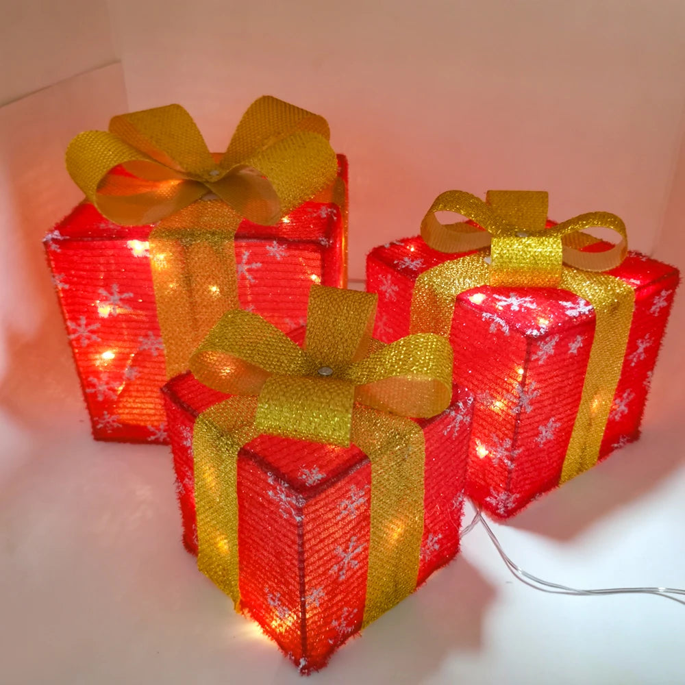 モチーフライト|イベント・クリスマス装飾|LEDリボン付きクリスマスギフトボックス(3個セット)