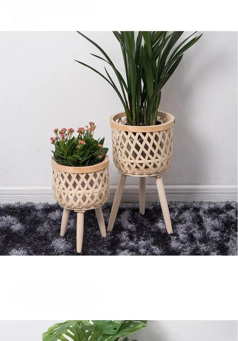 籐製植木鉢・手作り木製・ハイフット・フラワースタンド
