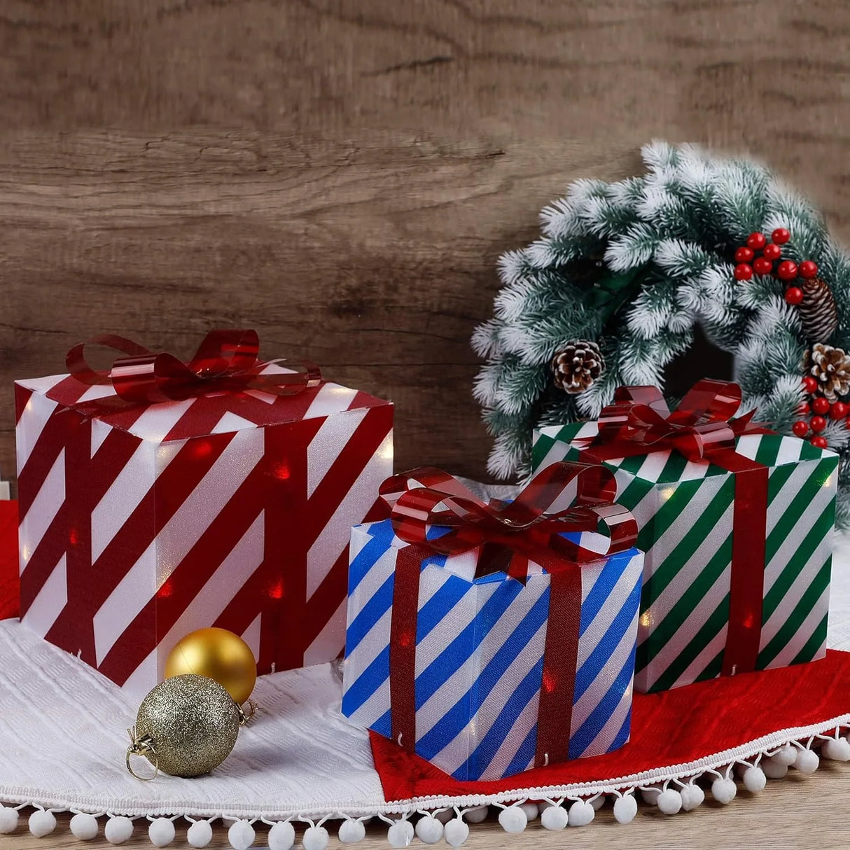 モチーフライト|イベント・クリスマス装飾|LED付きクリスマスギフトボックスセット(3個セット)