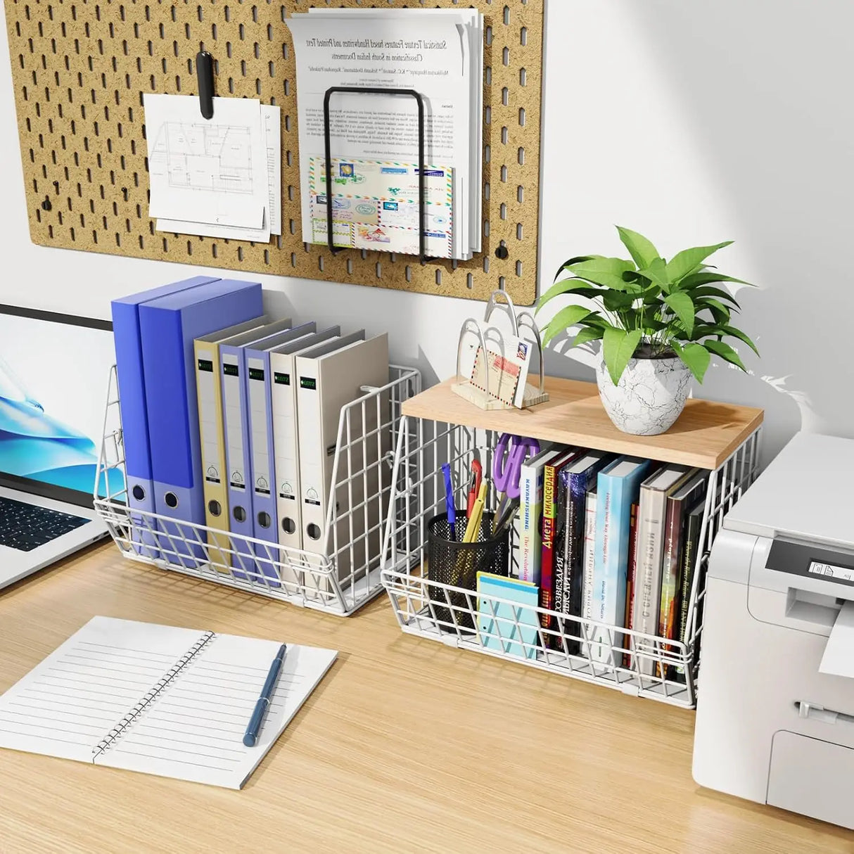 木製蓋付きワイヤーバスケット収納