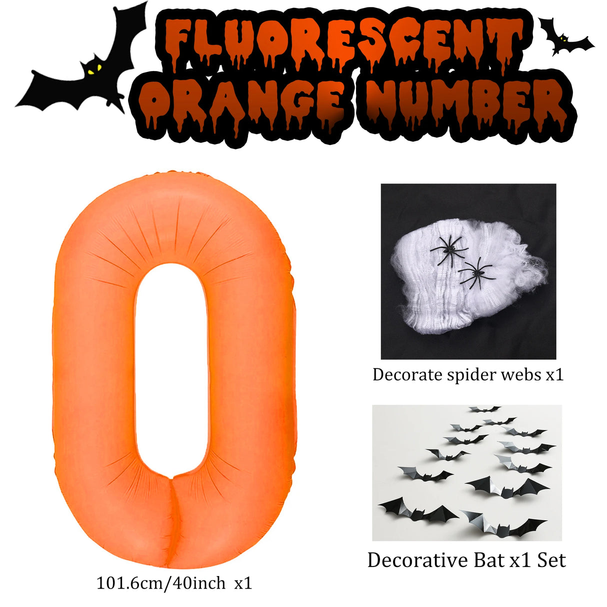 イベント・パーティー装飾|蛍光色数字型バルーン&コウモリ&クモの巣セット(3個)