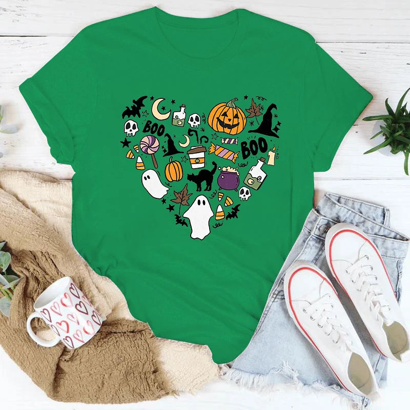 イベント・ハロウィングッズ|レディース パンプキンハート柄 Tシャツ(XS~4XL)