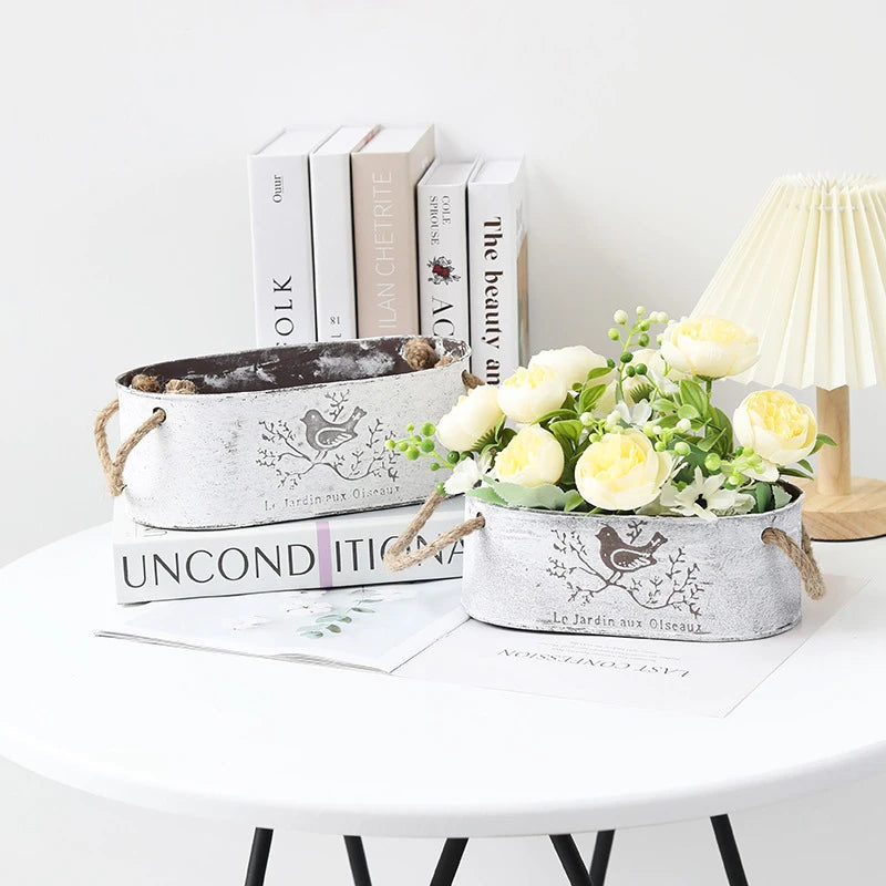 フラワーポットクリエイティブレトロオーバルミニバケツ錬鉄製メタル装飾フラワーポット屋内ルーム