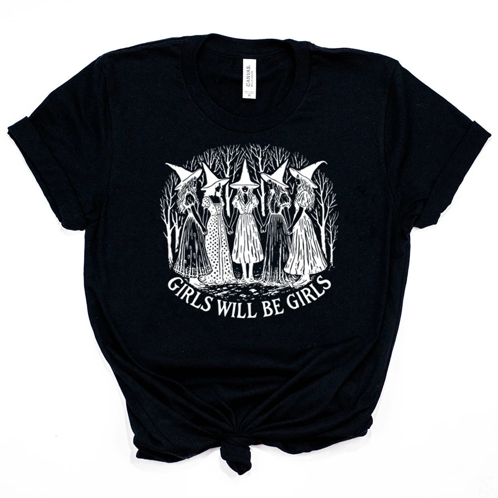 イベント・ハロウィングッズ|レディース ハロウィンヴィンテージ魔女柄 Tシャツ(S~3XL)