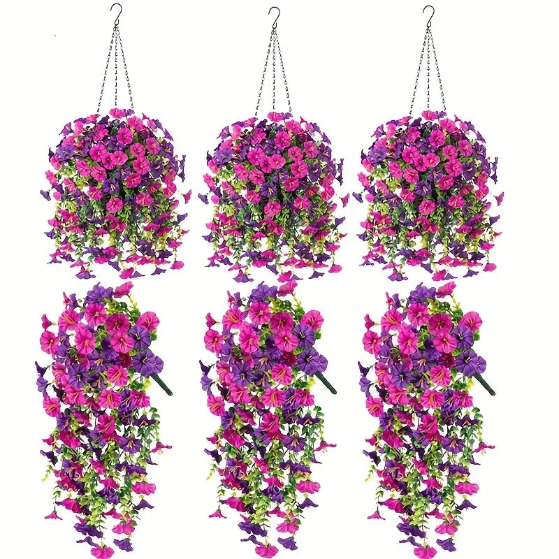 パーティー・ガーデン装飾 造花 ペチュニアとユーカリ2段重ね 屋外用吊り下げセット