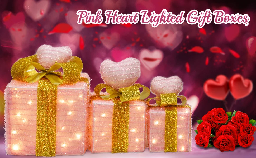 モチーフライト|イベント・クリスマス装飾|ピンクハート型 ライト付ギフトボックス