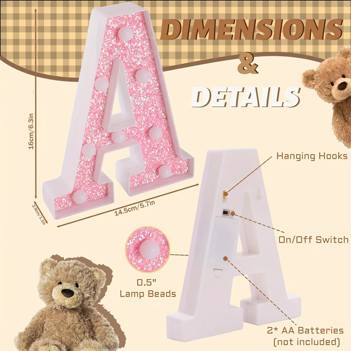 【LED装飾】LEDライト・デコレーションライト(アルファベット)ゴールド・ピンク 16cm