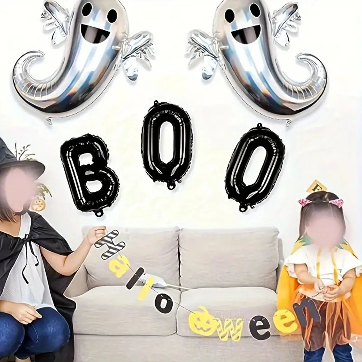 イベント・ハロウィン装飾|シルバーゴースト型バルーンセット(3個/5個)