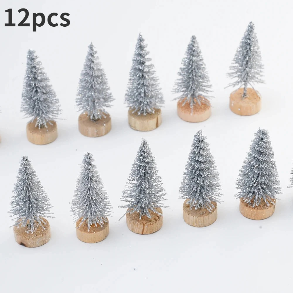 ミニ人工クリスマスツリー・12個パック・木製ベース付き・DIYクラフトやホリデーホームデコレーションに最適な卓上ボトルブラシツリー