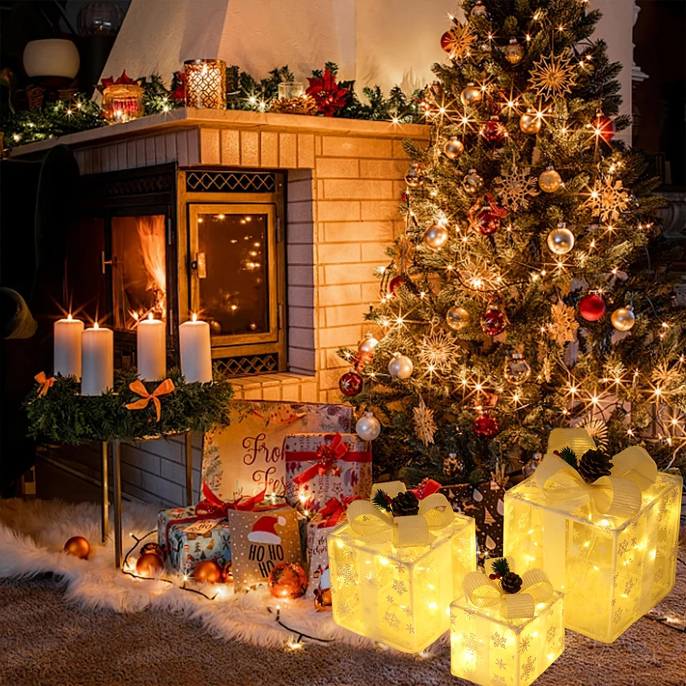 イベント・クリスマス装飾|ライト付きクリスマスギフトボックス(3個セット)