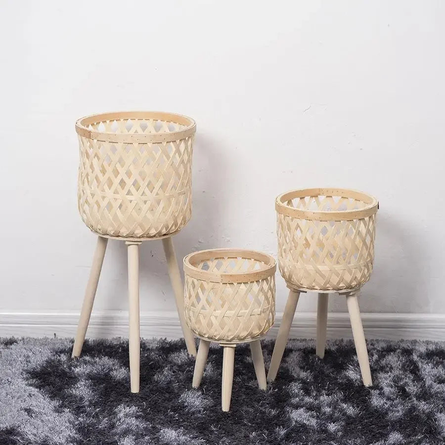 籐製植木鉢・手作り木製・ハイフット・フラワースタンド