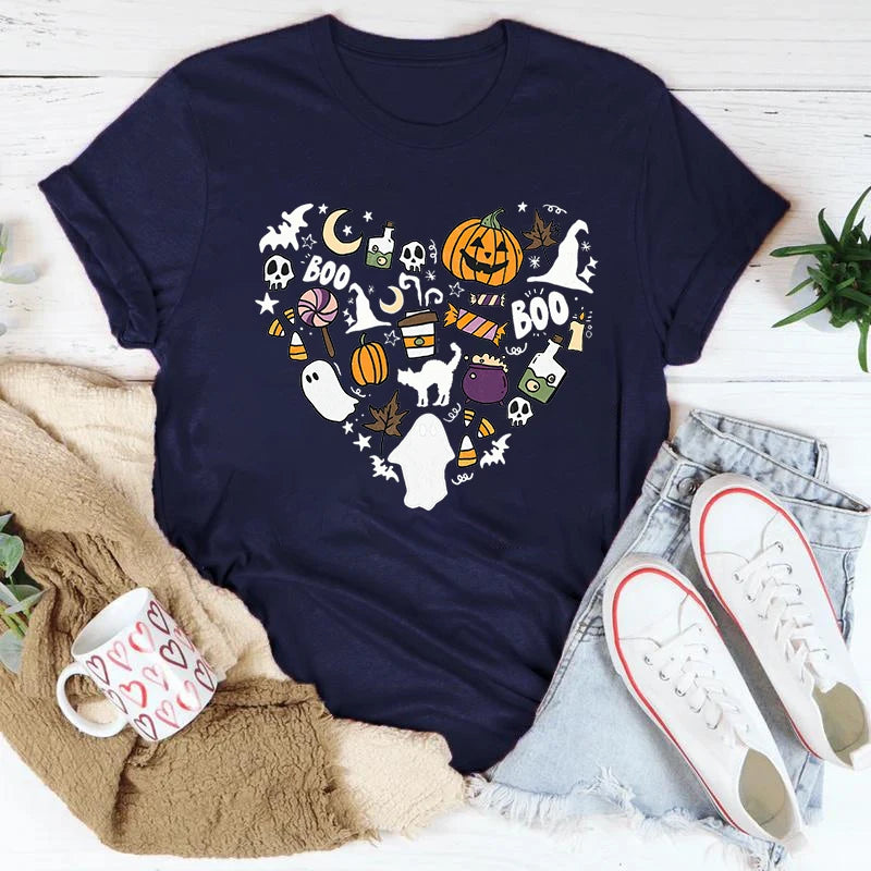 イベント・ハロウィングッズ|レディース パンプキンハート柄 Tシャツ(XS~4XL)