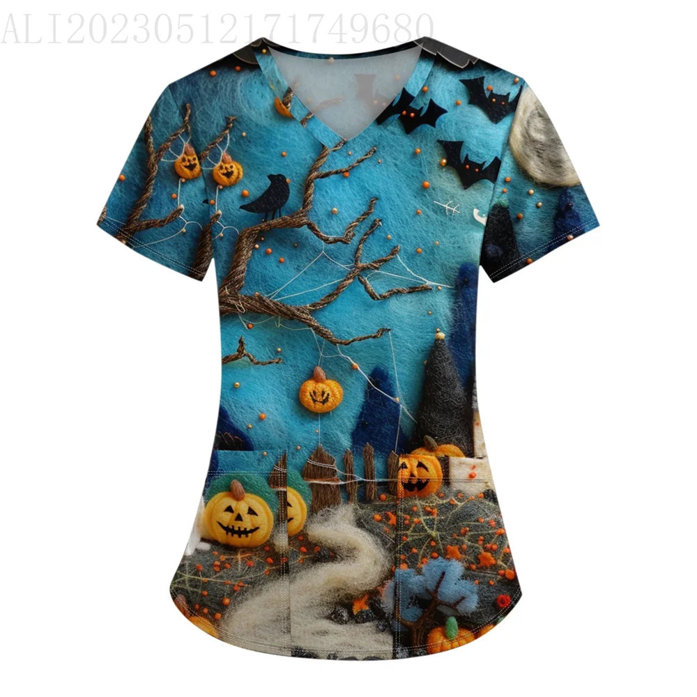 イベント・ハロウィングッズ|ハロウィン総柄プリントVネックTシャツ(S~5XL)