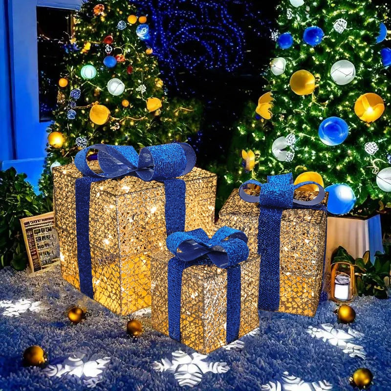 モチーフライト|イベント・クリスマス装飾|LEDリボン付きクリスマスギフトボックス(3個セット)