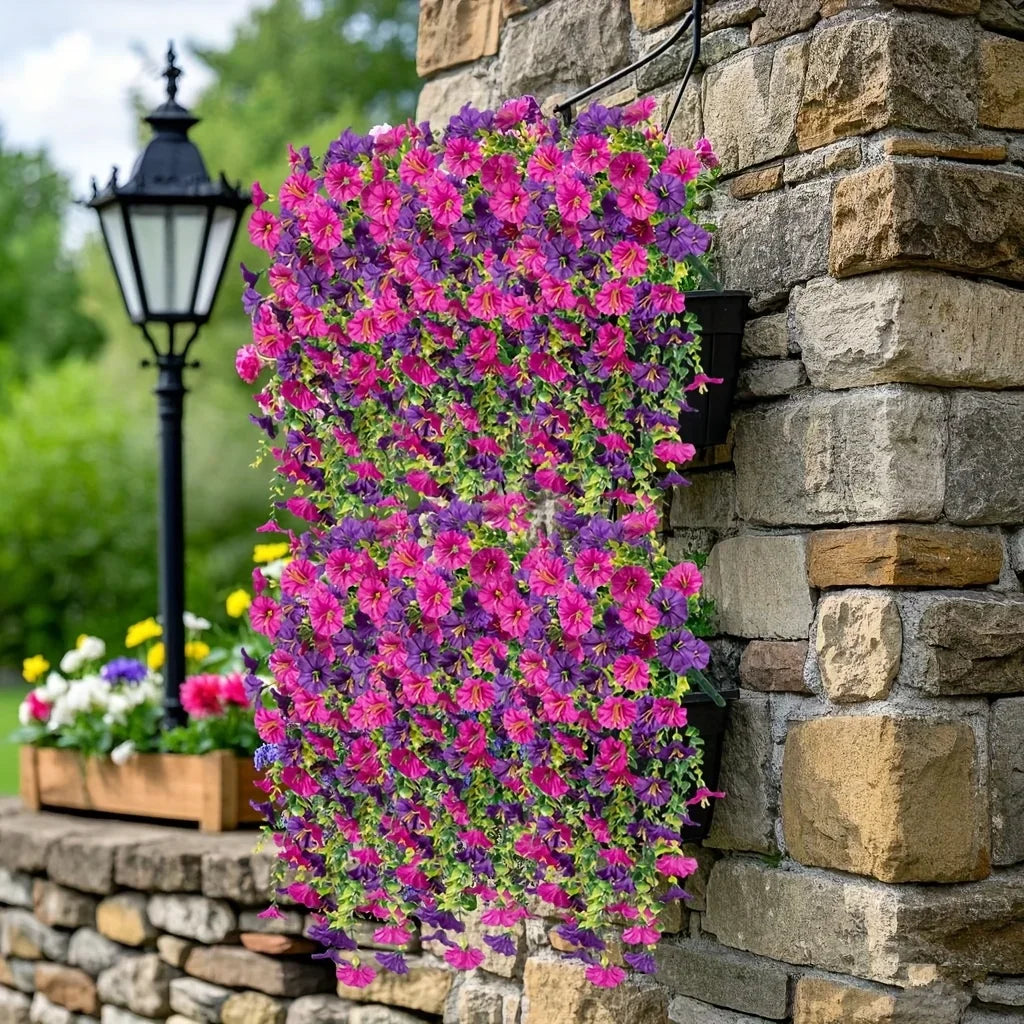 パーティー・ガーデン装飾 造花 ペチュニアとユーカリ2段重ね 屋外用吊り下げセット