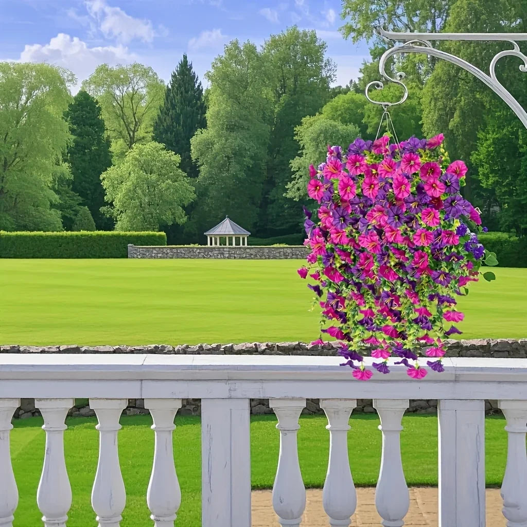 パーティー・ガーデン装飾 造花 ペチュニアとユーカリ2段重ね 屋外用吊り下げセット