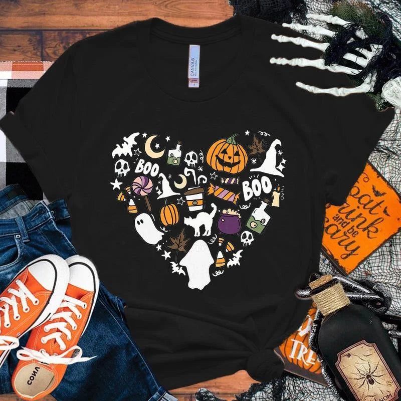 イベント・ハロウィングッズ|レディース パンプキンハート柄 Tシャツ(XS~4XL)