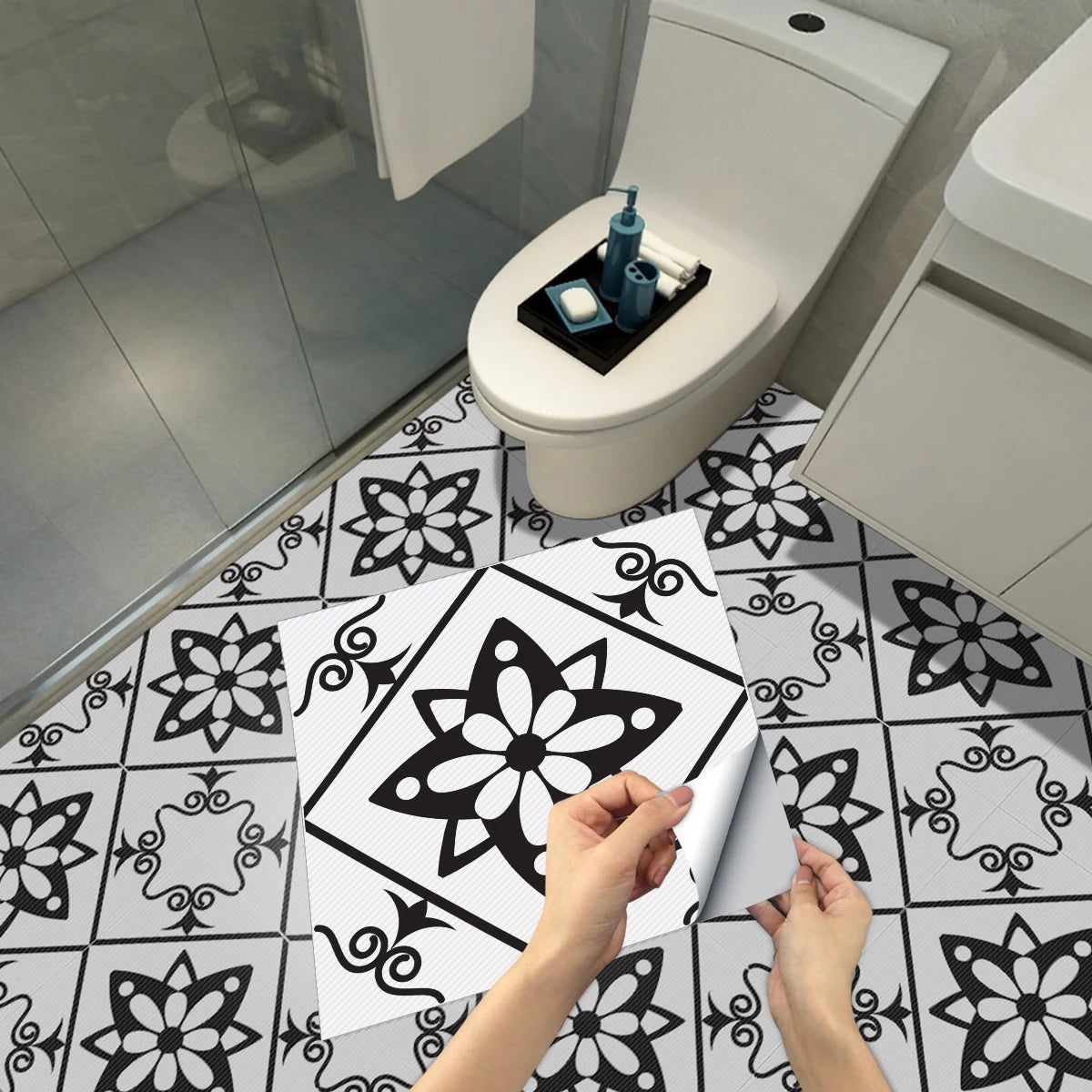 DIYフロアシート モノトーンタイル風 ステッカー 4枚入 モダン