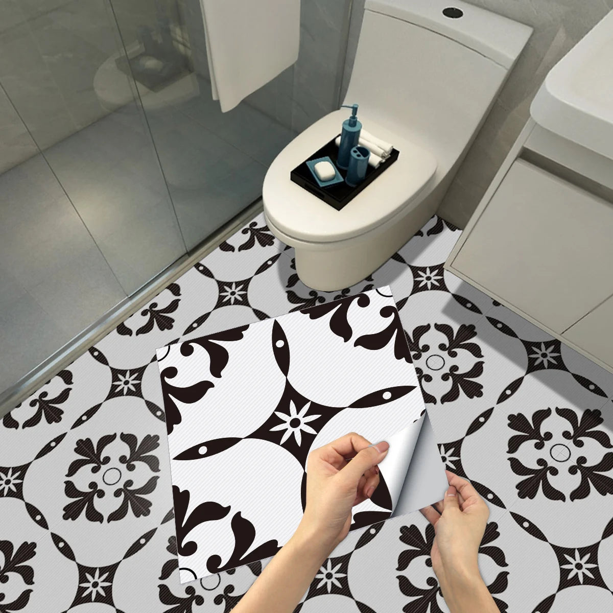 DIYフロアシート モノトーンタイル風 ステッカー 4枚入 モダン