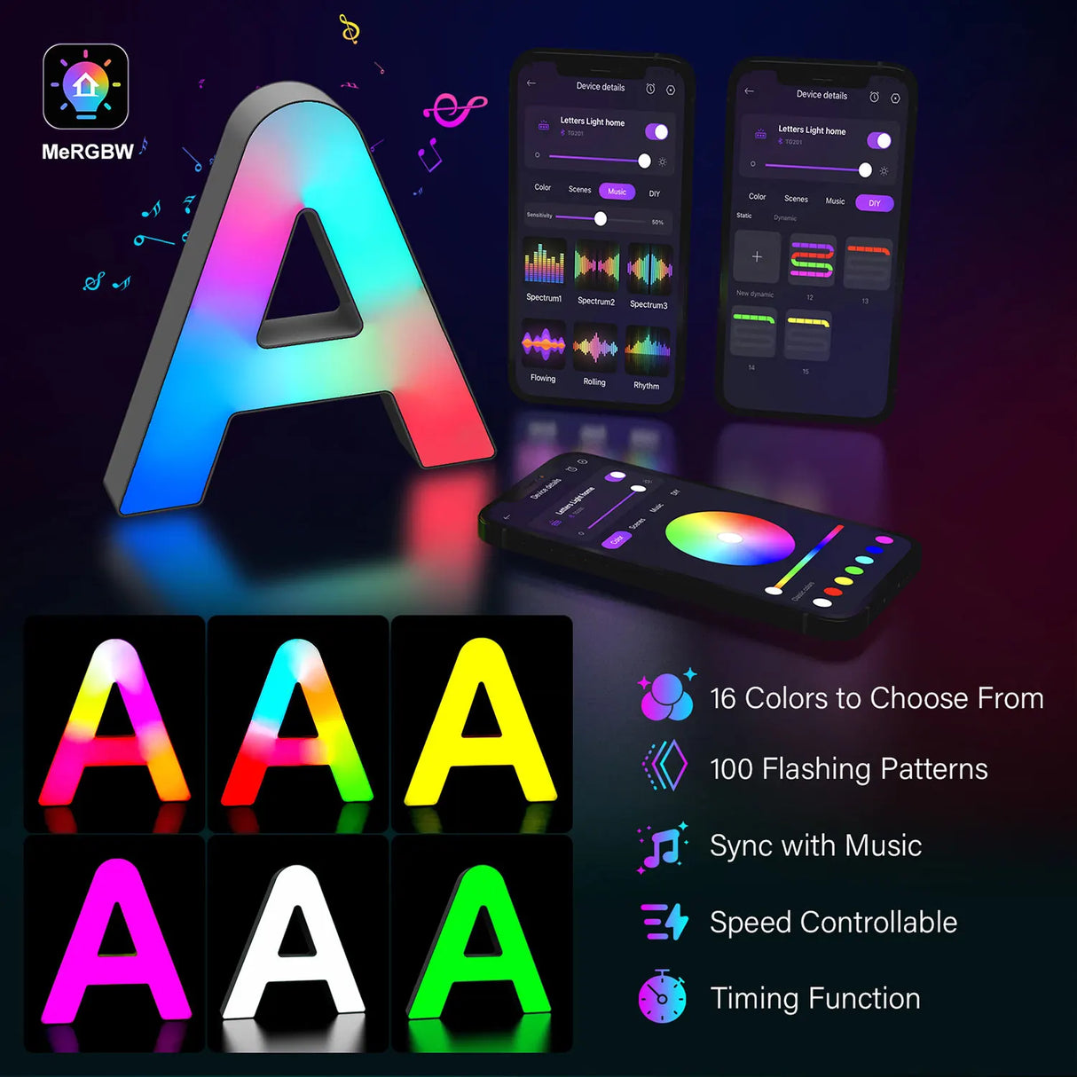 【LED装飾】LEDライト・デコレーションライト(数字/アルファベット)調光可能 レインボーカラー