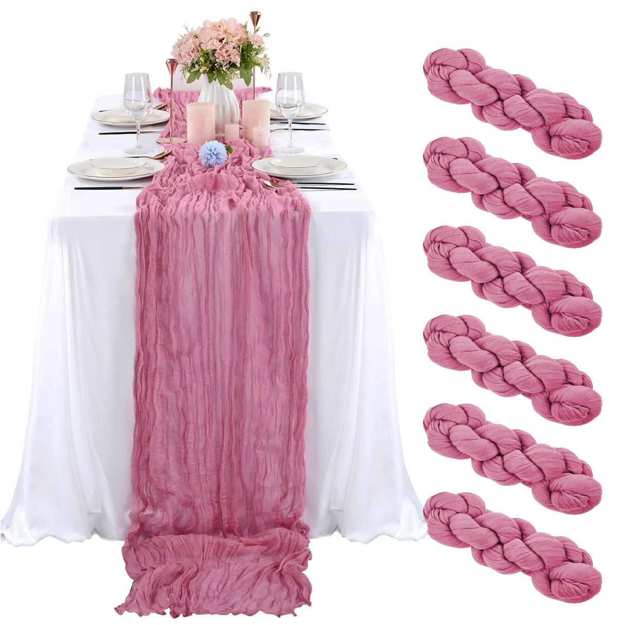 インテリア・パーティ装飾 | ワッシャー加工テーブルランナー6枚セット | 全長1.8m/3.4m/4m