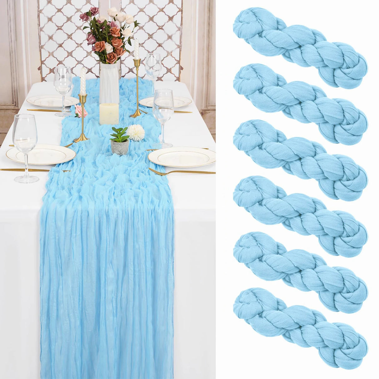 インテリア・パーティ装飾 | ワッシャー加工テーブルランナー6枚セット | 全長1.8m/3.4m/4m